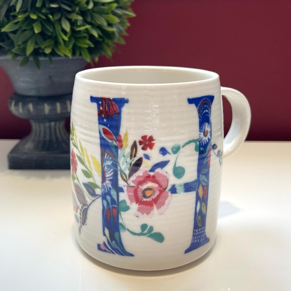 Anthropologie Starla M. Halfman Floral Monogram Ceramic Mug - Letter “H”